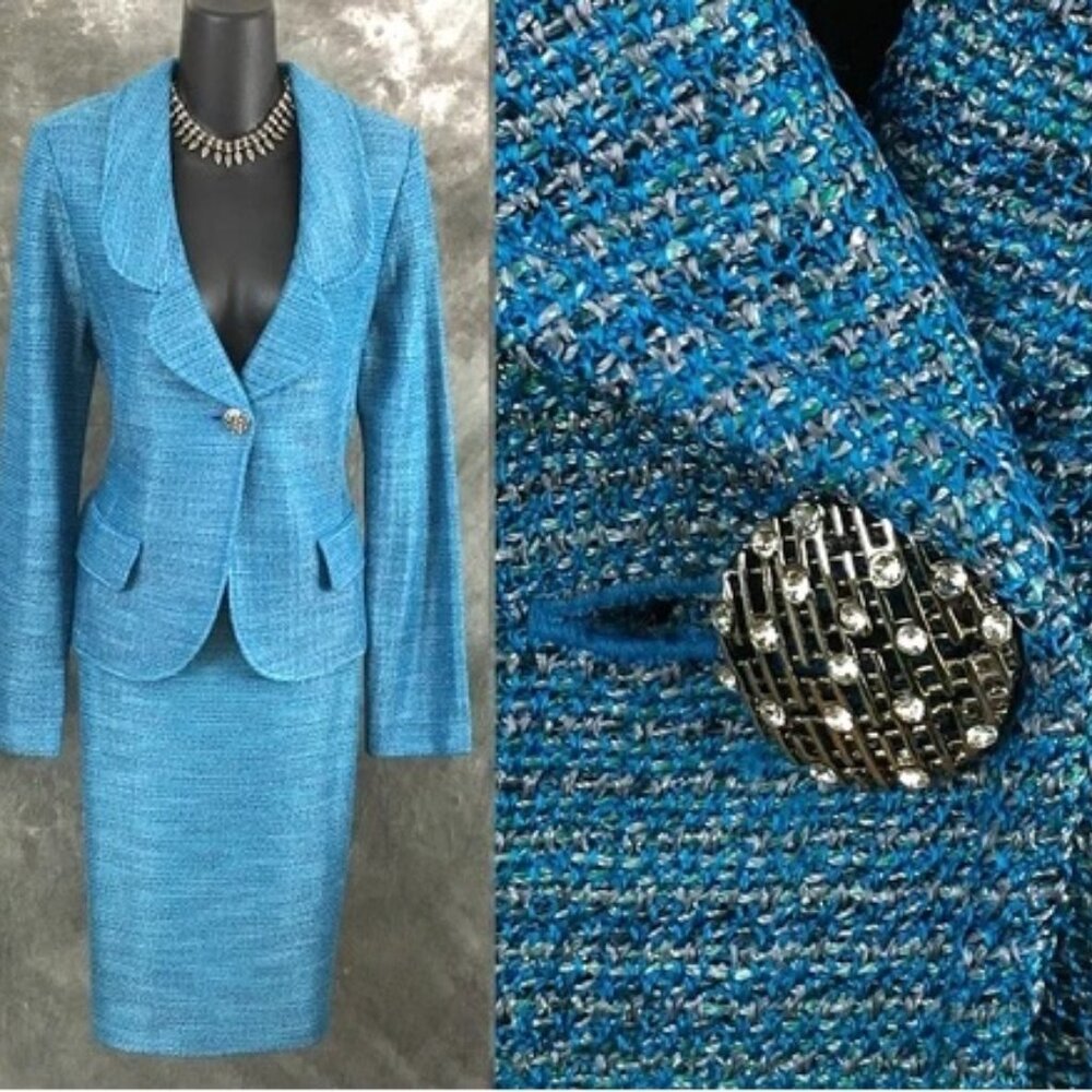 NEW BEAUTIFUL st john knit teal blue multi shimmer jacket skirt suit size 12